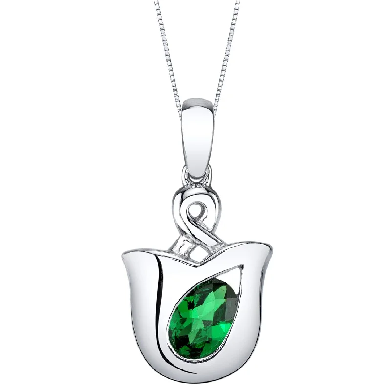 silver pendant necklace with star and crystal -Simulated Emerald Sterling Silver Tulip Pendant Necklace