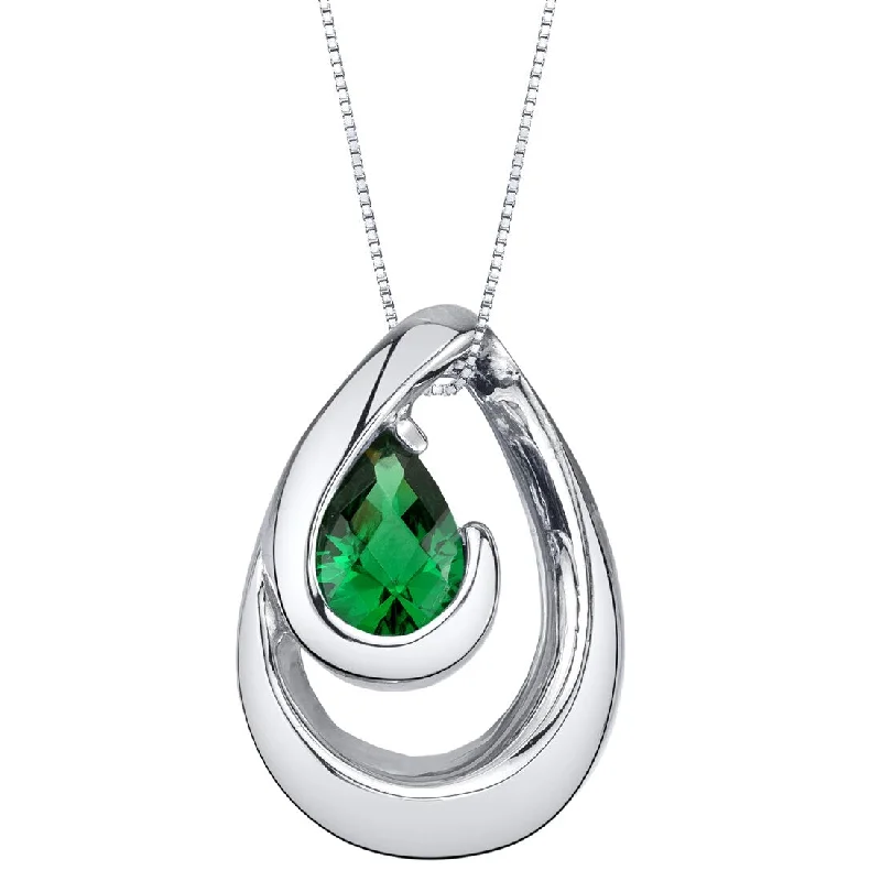 women’s gold pendant necklace with crystal heart -Simulated Emerald Sterling Silver Wave Pendant Necklace