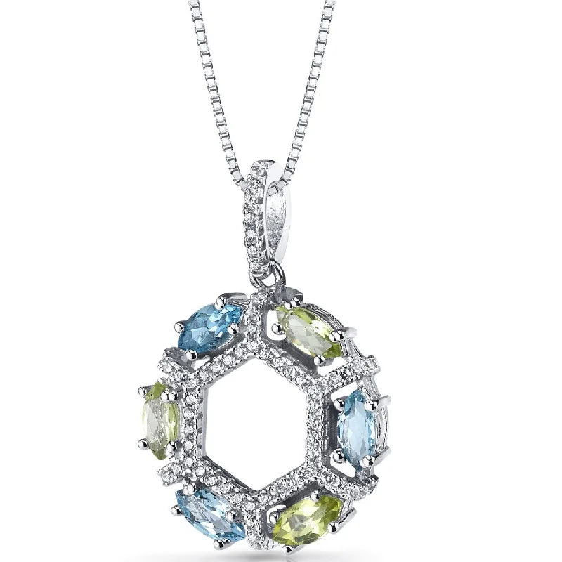 personalized pendant necklace for couple anniversary -Swiss Blue Topaz and Peridot Hexagon Pendant Necklace Sterling Silver 1.5 Carats