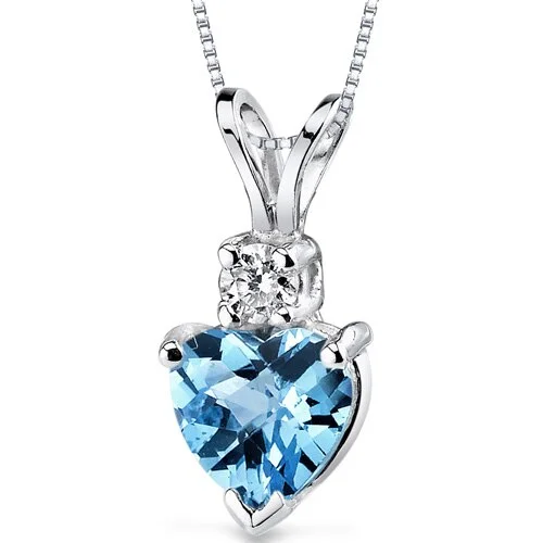 women’s pendant necklace with engraved message -Swiss Blue Topaz and Diamond Pendant Necklace 14K White Gold 0.91 Carat Heart Shape