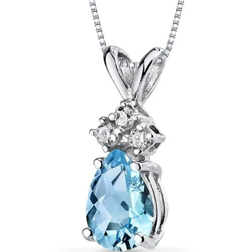 women’s gold pendant necklace with star and moon -Swiss Blue Topaz and Diamond Pendant Necklace 14K White Gold 0.77 Carat Pear Shape