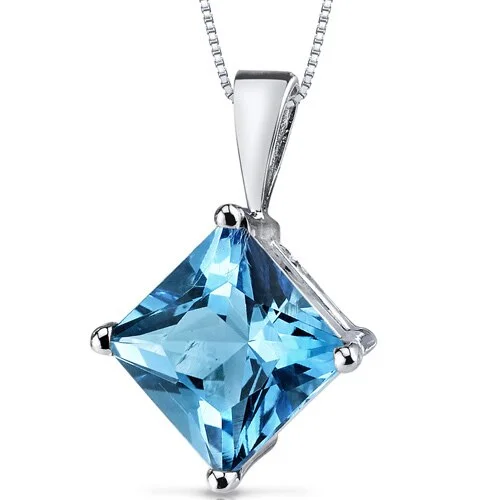 custom engraved bar pendant necklace silver -Swiss Blue Topaz Pendant Necklace 14 Karat White Gold 2.88 Cts