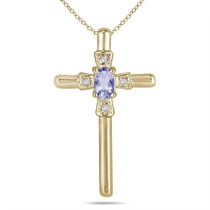 personalized crystal pendant necklace for couple gift -Tanzanite and Diamond Cross Pendant 10K Yellow Gold