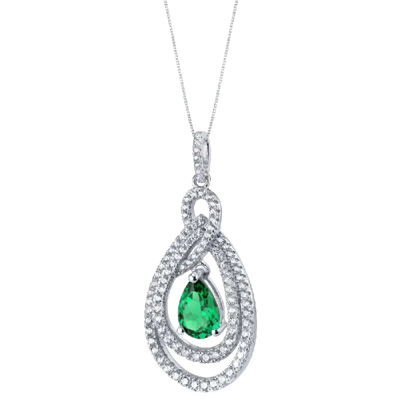 sterling silver pendant necklace with gemstone charm -Tear Drop Simulated Emerald Sterling Silver Glamour Pendant Necklace 2 Carats