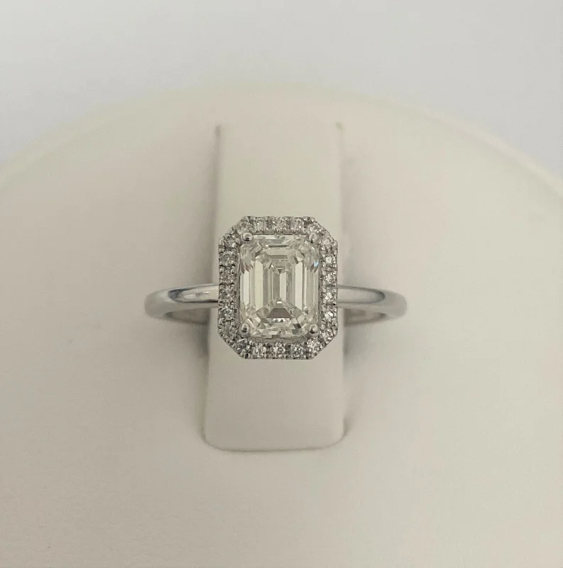 custom rings with sapphires for men’s wedding engagement-14kt White Gold Halo Emerald Cut Engagement Ring