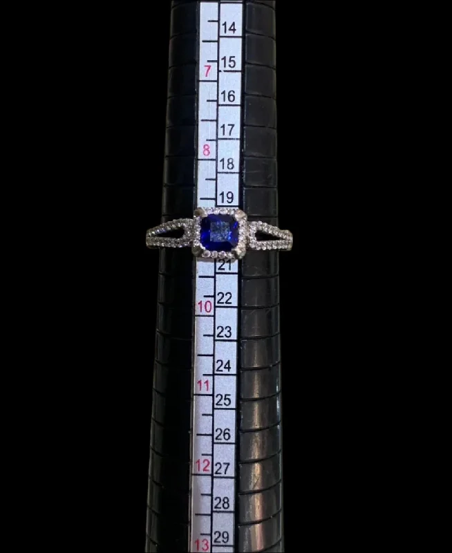 women’s engagement rings with sapphires for wedding bands-Blue Stone Cushion Cut  CZ Engagement ring in 925 Sterling Silver