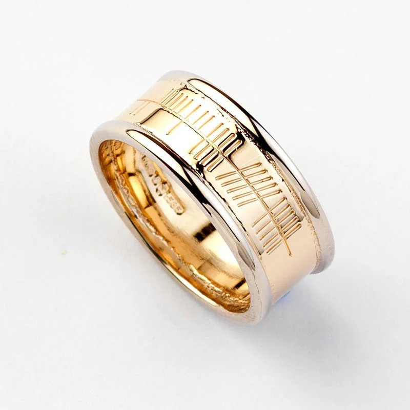 women’s platinum wedding rings with diamonds and sapphires for engagement-Ogham Yellow Gold Ring with White Gold Trims, Narrow