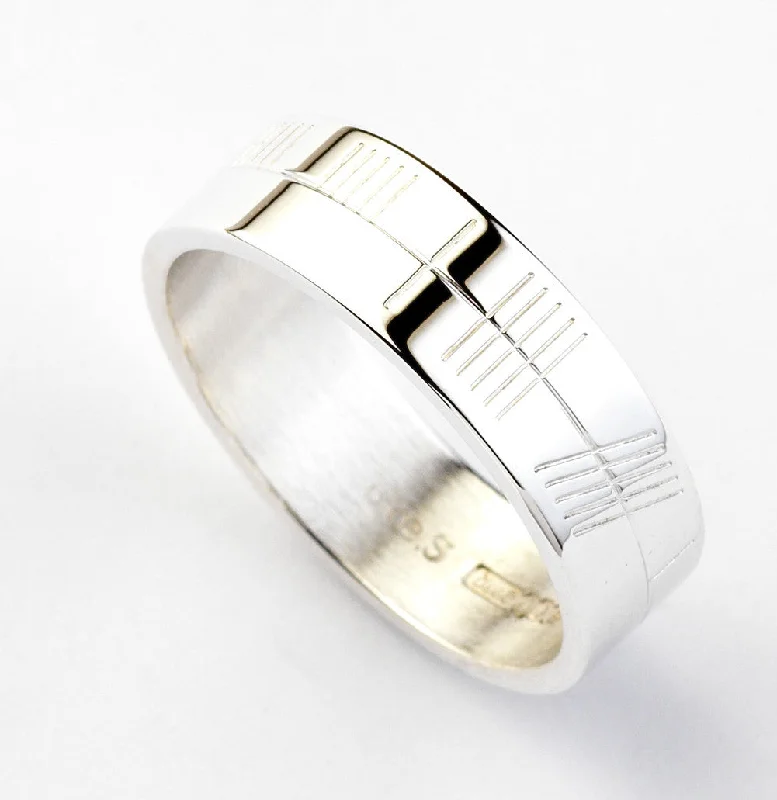 vintage wedding rings with diamonds and rubies for men-Original Personalized Silver Ogham Ring - Wide