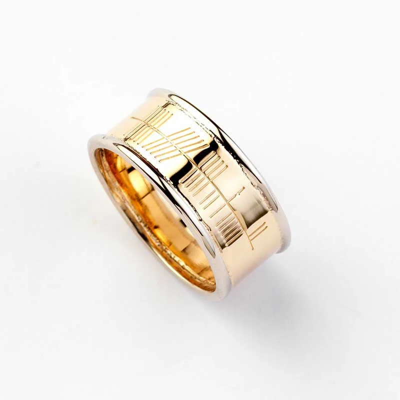 women’s wedding bands with sapphires and rubies for wedding bands-Ogham Yellow Gold Ring with White Gold Trim, Wide