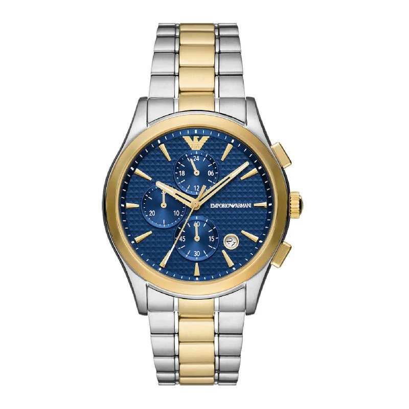 watches for men with rubber straps and eco-friendly designs -Emporio Armani Chronograph Two-Tone Blue Dial Gents Watch