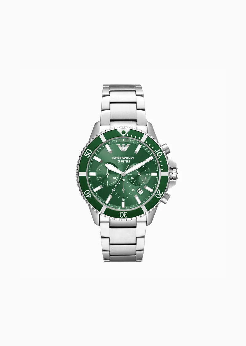 watches for women with bold designs and adjustable silicone bands -Emporio Armani Gent’s Green Face Chronograph Watch