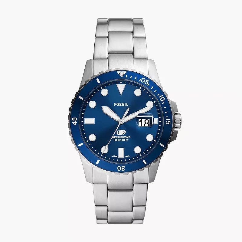 high-tech watches for men with advanced fitness and wellness monitoring -Fossil Blue Dive Three-Hand Date Blue Face Stainless Steel Watch