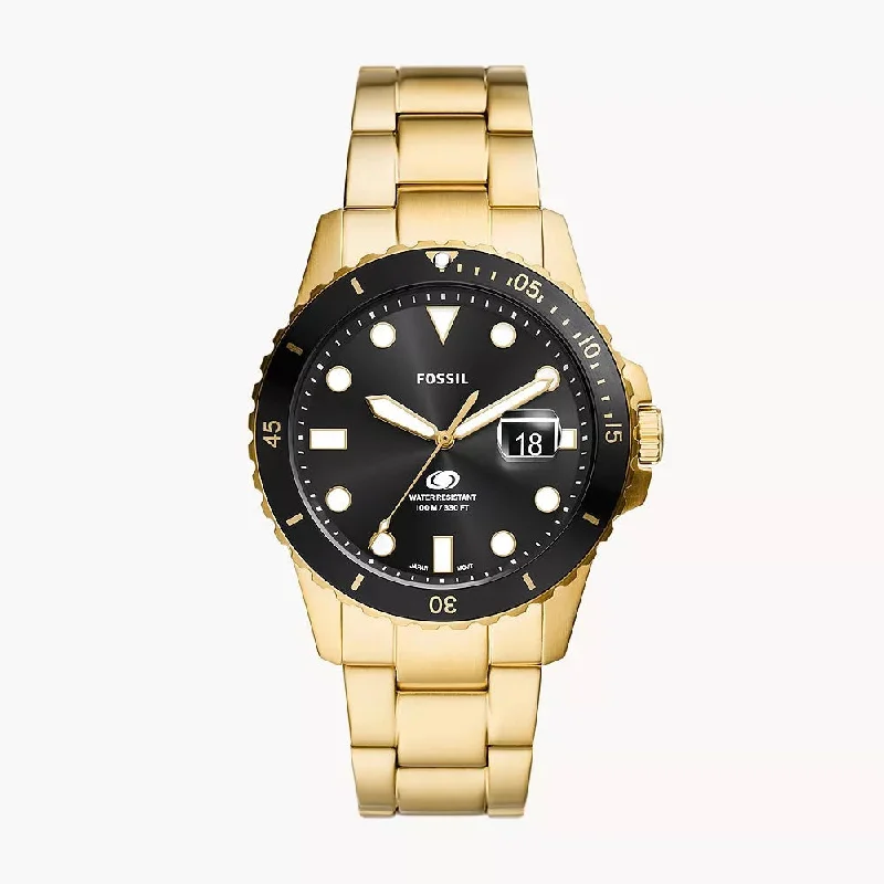 men's watches with sleek, modern designs and eco-friendly materials -Fossil Blue Dive Three-Hand Date Gold-Tone Black Dial Stainless Steel Watch