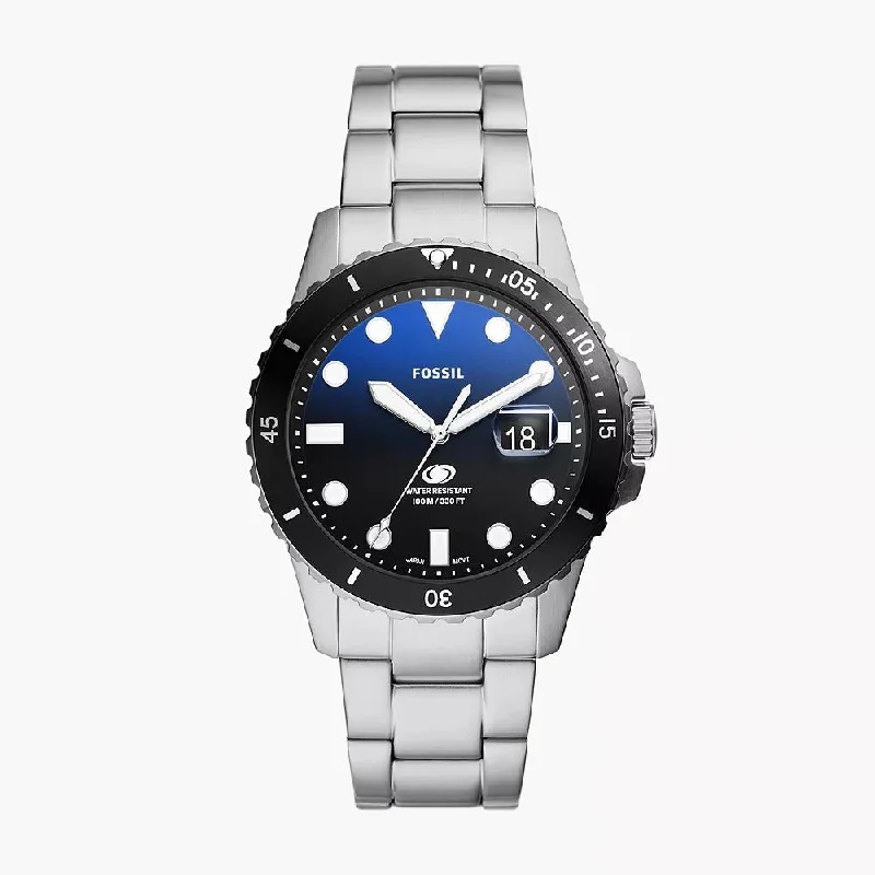 luxury watches for men with fine detailing and automatic movement -Fossil Blue Dive Three-Hand Date Blue Gradient Dial Stainless Steel Watch