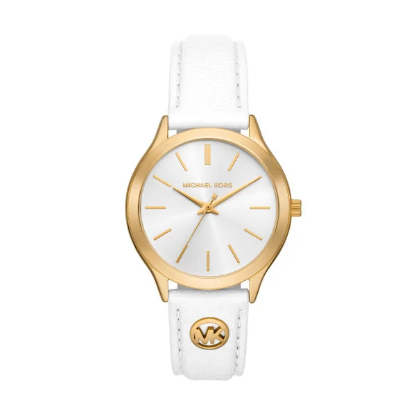 men's watches with multi-functional faces and water-resistant features -Michael Kors- Slim Runway Gold-Tone and Leather Watch