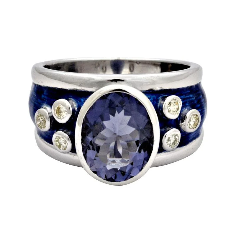 vintage engagement rings for men with sapphires for wedding bands-Ring - Iolite and Diamond with Enamel in Silver