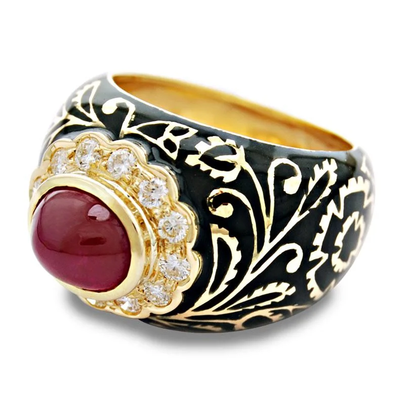 men’s rings with diamonds and sapphires for custom wedding engagement-Repair - Ring-Ruby and Diamond (Enamel)  (2024I)