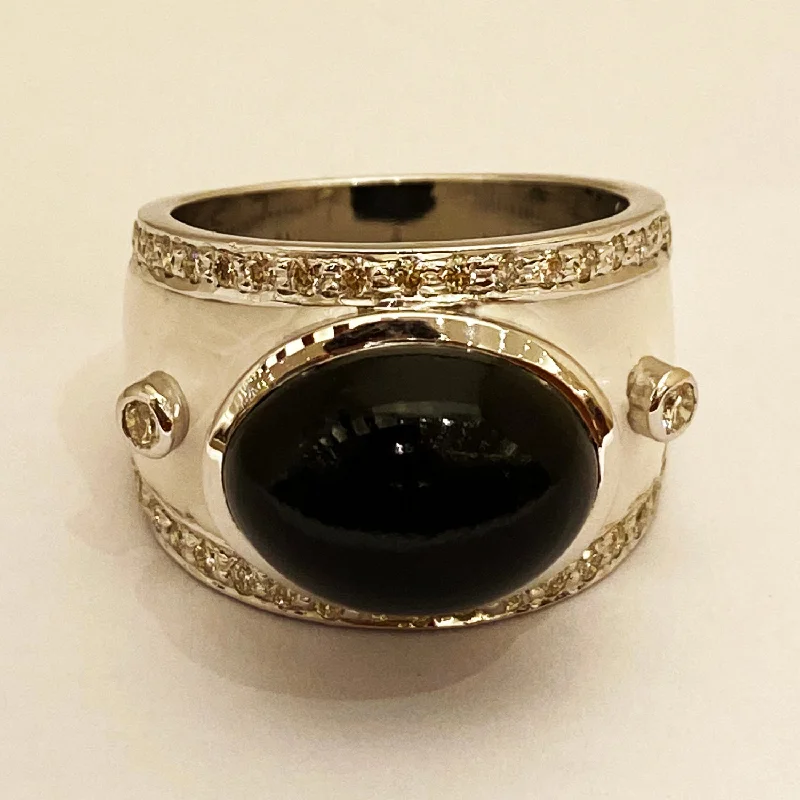 custom wedding bands for women with sapphires for wedding bands-Ring - Black Onyx and Diamond with Enamel in Silver