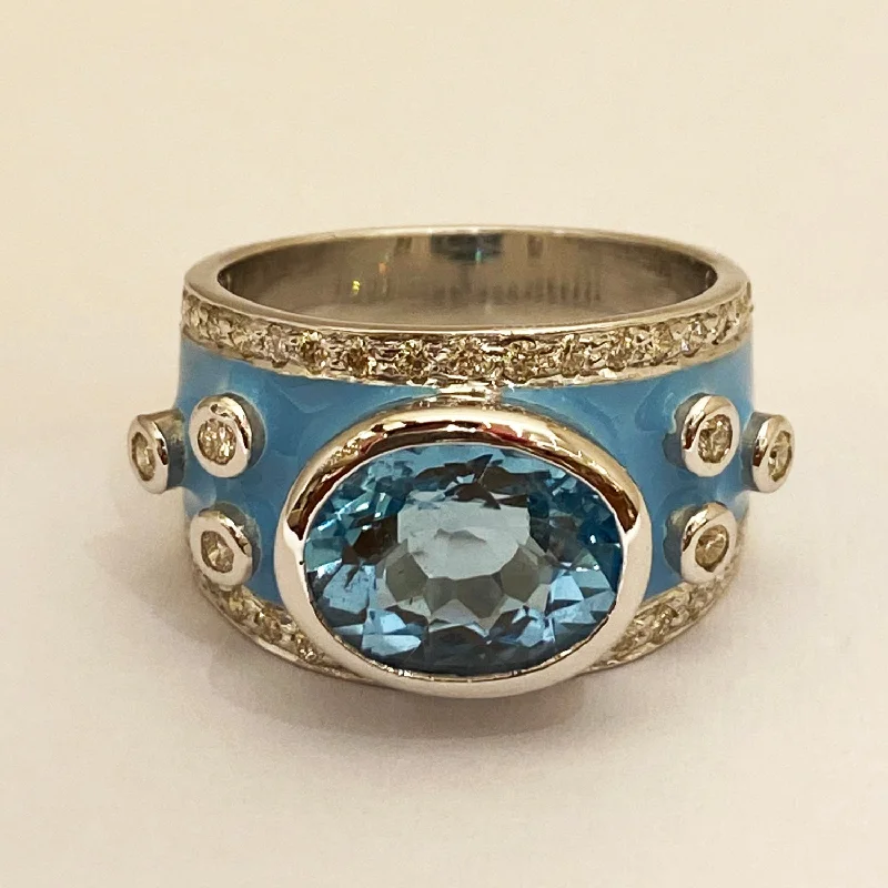 vintage wedding rings with diamonds and rubies for men-Ring - Blue Topaz and Diamond with Enamel in Silver