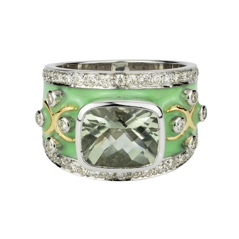 men’s custom engagement rings with diamonds for wedding-Ring - Green Quartz And Diamond (enamel)