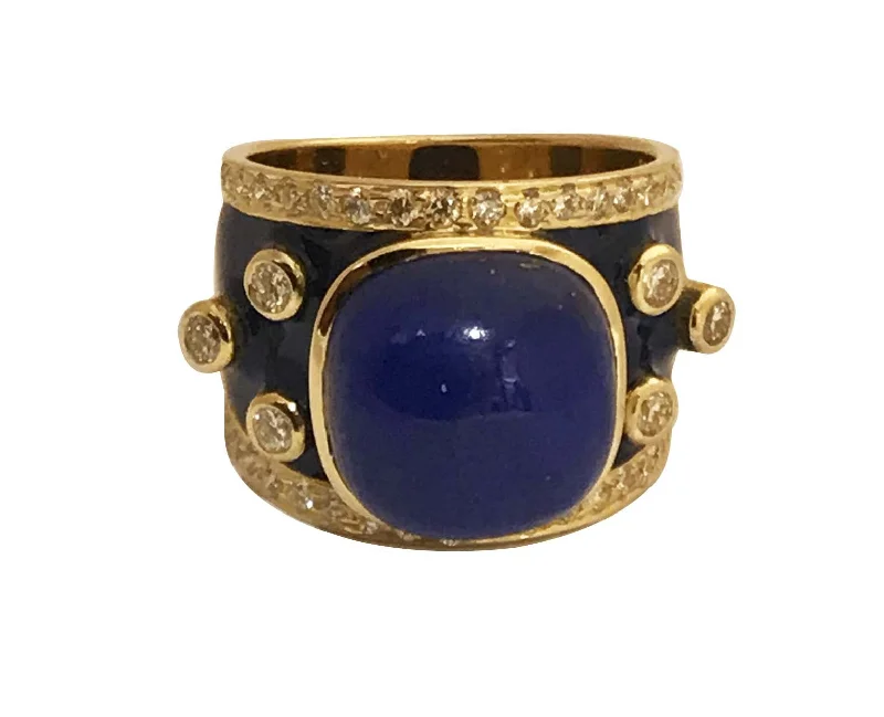 custom engagement rings with sapphires for men’s wedding-Ring - Lapis Lazuli and Diamond (Enamel) in 18K Gold