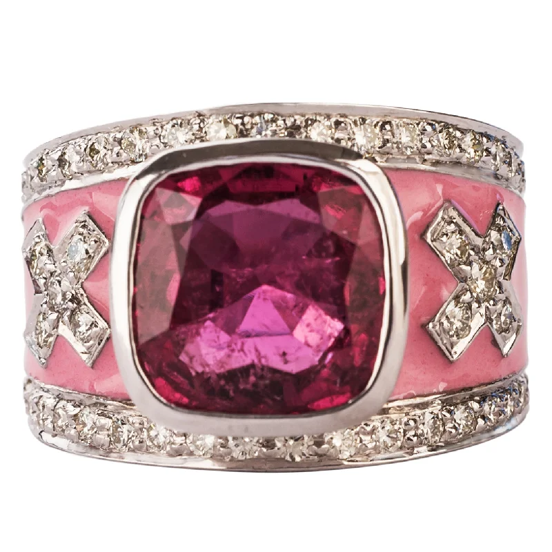 custom-made rings with diamonds for men’s wedding engagement-Ring- Rubellite and Diamond (Enamel)