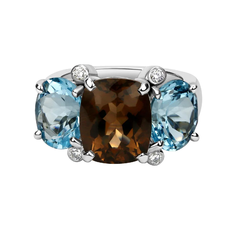 custom wedding bands for men with diamonds and rubies-Ring - Smoky Quartz And Blue Topaz With Diamond