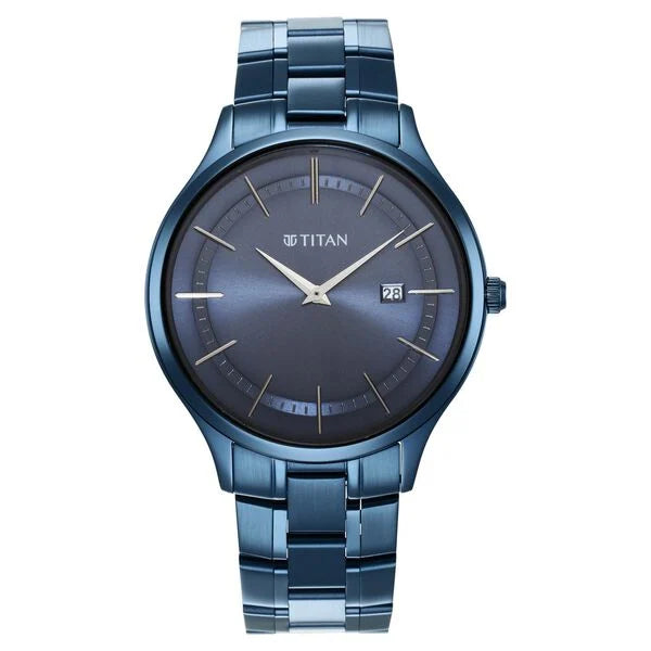 sporty men's watches with real-time GPS and heart rate tracking -Titan Classique Slimline Blue Dial Quartz Analog with Date Stainless Steel Strap watch for Men 90142qm01